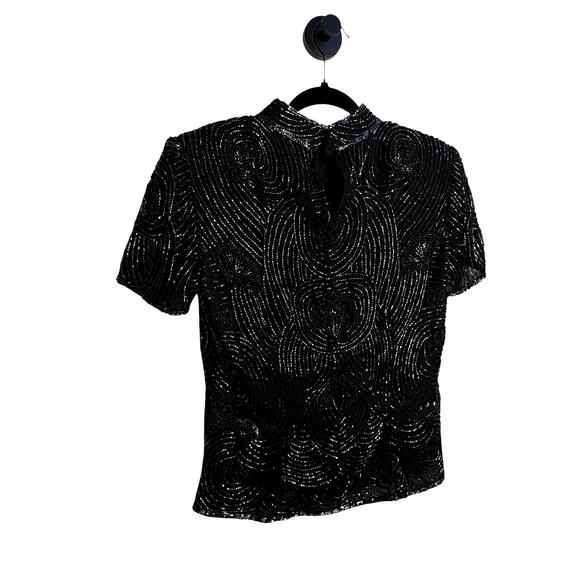 Papell Boutique Evening Beaded Sequin Silk Top Black Short Sleeve Size Small - Picture 4 of 16